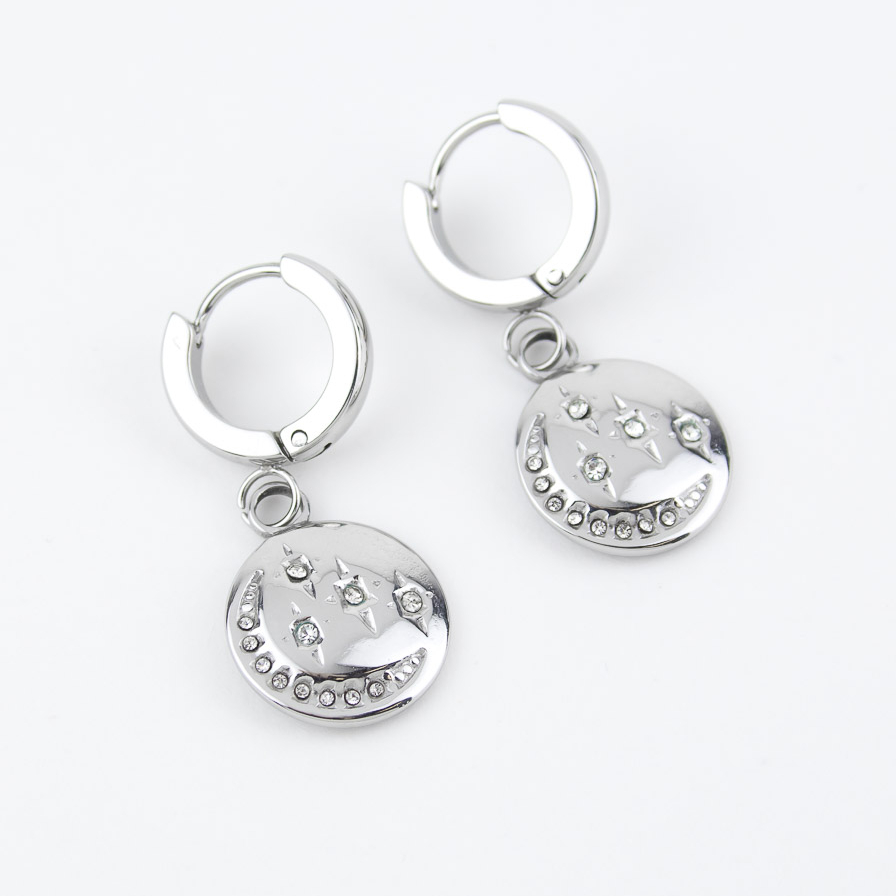 Серьги ELINICE серебристые медальки месяц со звёздочками с кристаллами