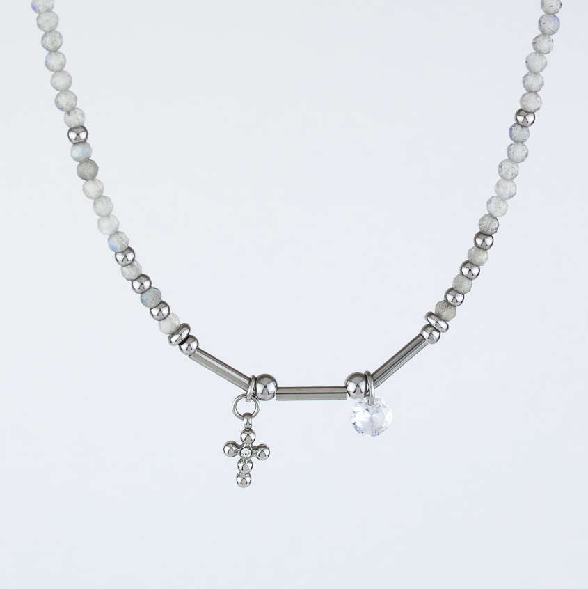 Чокер ELINICE из лабрадора с крестиком и кристаллом