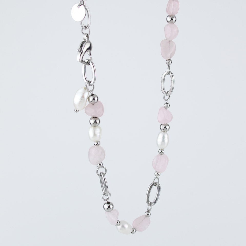 Колье ELINICE серебристое с розовым кварцем и натуральным жемчугом