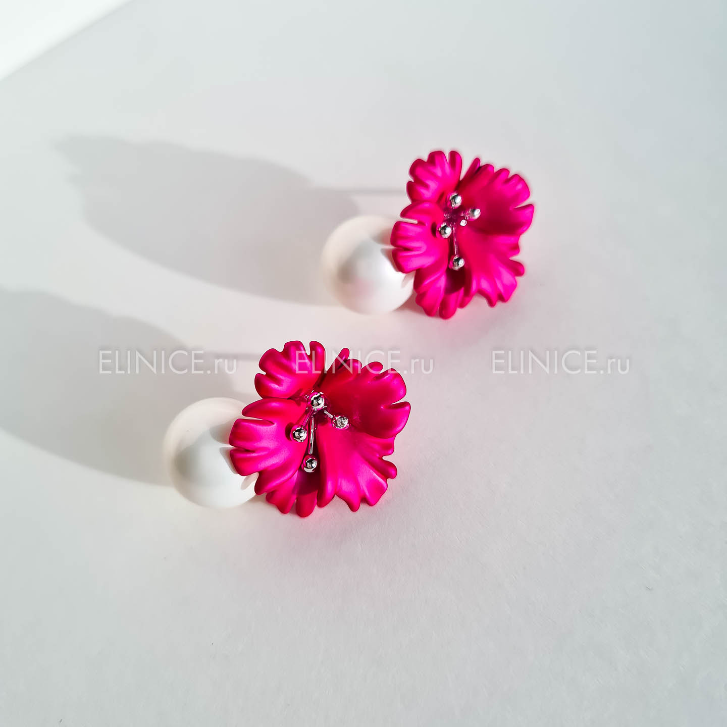 Серьги NUANCE цветочки фуксия с жемчужиной