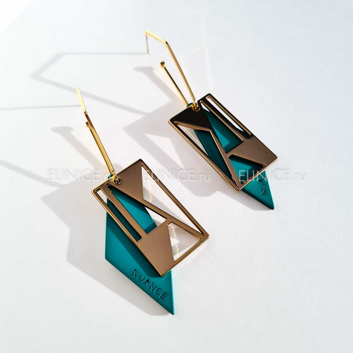 Серьги NUANCE геометрия зелёные золотые