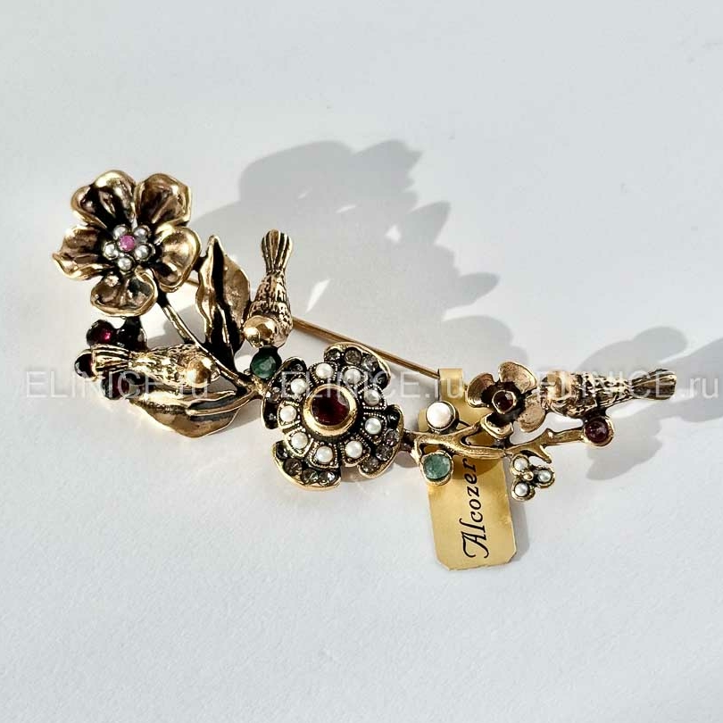 Брошь  ALCOZER & J S4342C с гранатом, рубином, изумрудом и Swarovski