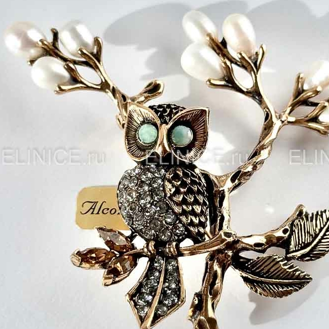 Брошь  ALCOZER & J S3721C  c жемчугом, изумрудом и Swarovski