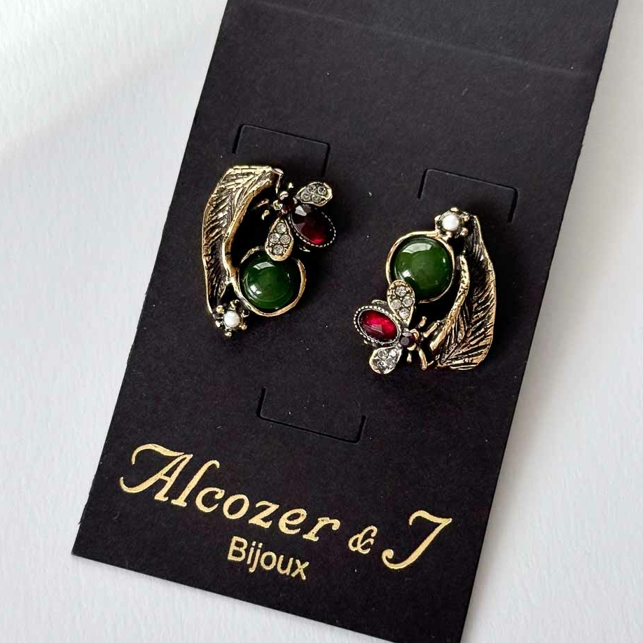 Серьги ALCOZER & J  с нефритом, гранатом, жемчугом и Swarovski