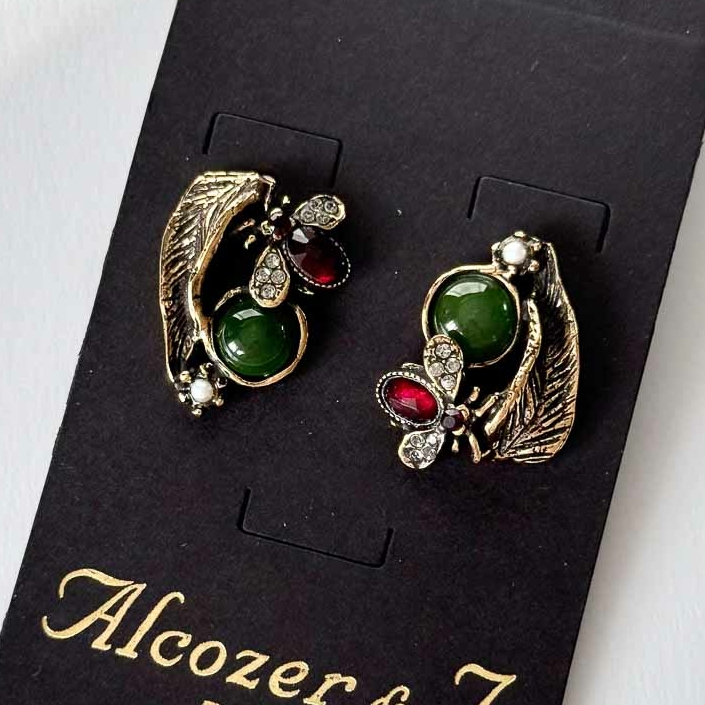 Серьги ALCOZER & J  с нефритом, гранатом, жемчугом и Swarovski