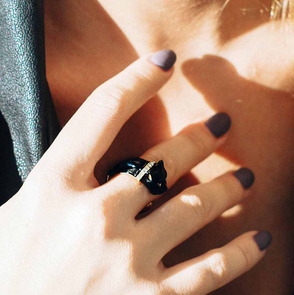 Кольцо POLINA FIRENZE AN2310 Пантера черная малая