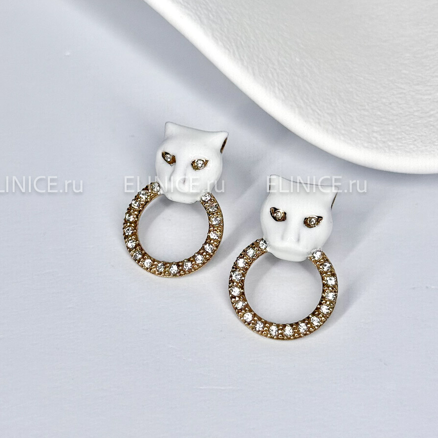 Серьги POLINA FIRENZE малые белые пантеры с кольцами с кристаллами OR2958