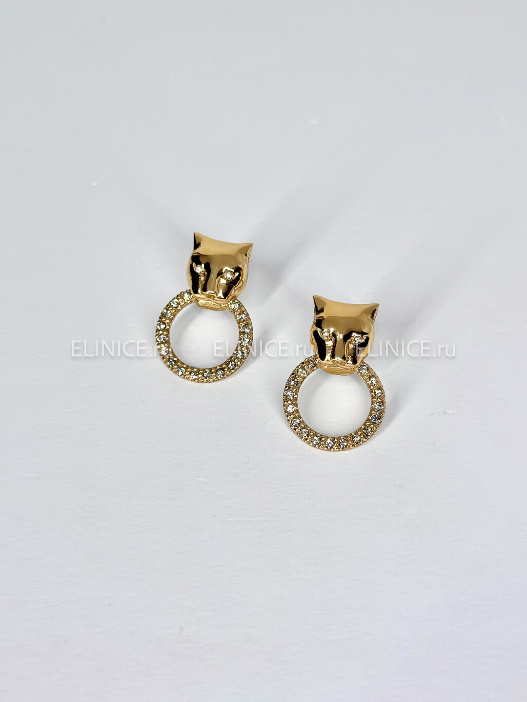 Серьги POLINA FIRENZE малые золотые пантеры с кольцами с кристаллами OR2959