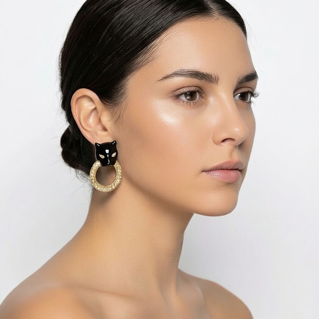 Серьги POLINA FIRENZE двойные пантеры чёрные с кольцом OR2333