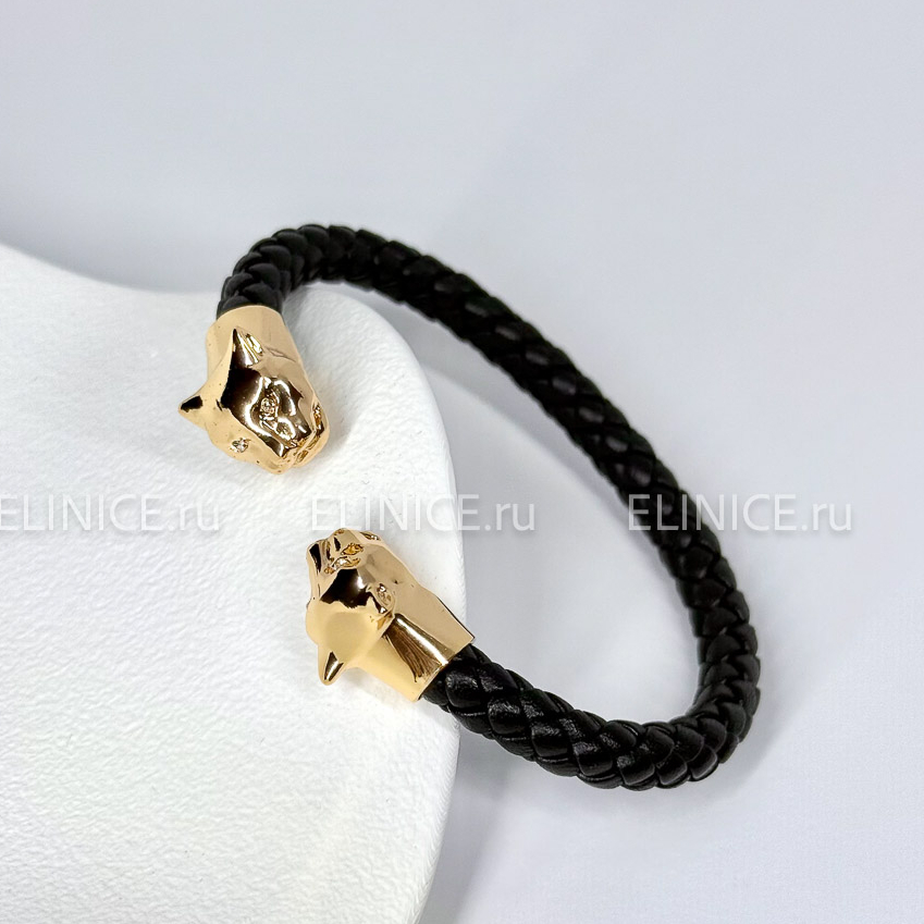 Браслет POLINA FIRENZE золотые пантеры с кожаным плетением BR4331