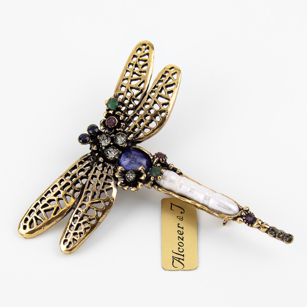 Брошь Alcozer & J с жемчугом, кианитом, рубином, сапфиром, изумрудом и Swarovski