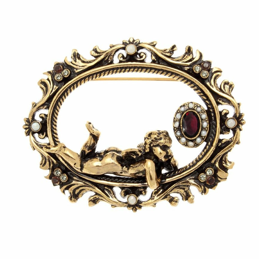 Брошь Alcozer&J S5270C с гранатом, микрожемчугом и Swarovski