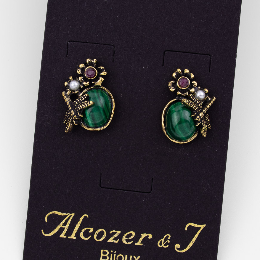 Серьги Alcozer & J с малахитом, рубином и микрожемчугом