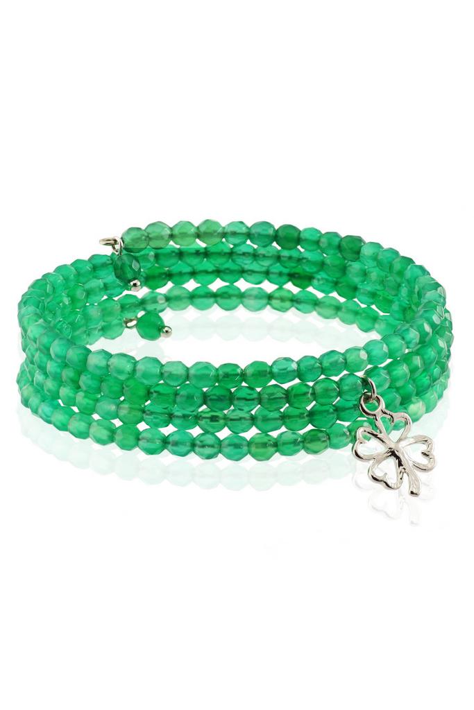 Браслет Miniature Emerald винтовой из миниатюрного изумрудного агата с подвеской "Четырехлистник"
