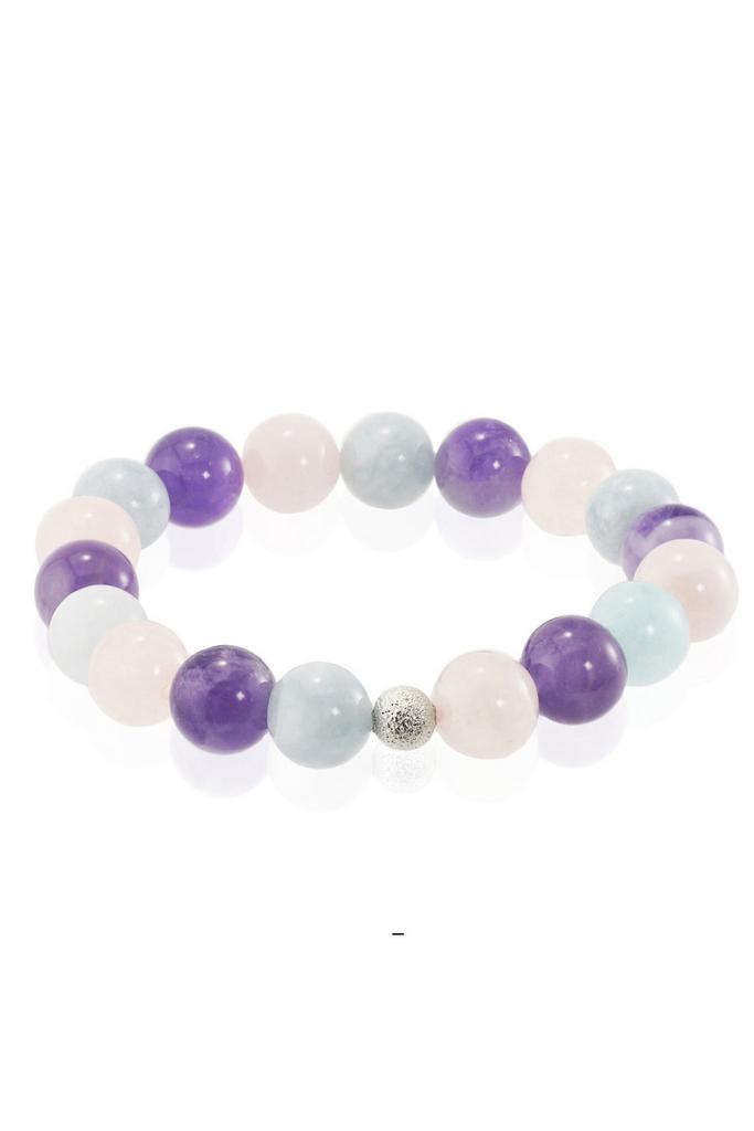 Браслет Forever Tender из натурального аметиста, аквамарина и розового кварца с серебристой бусиной