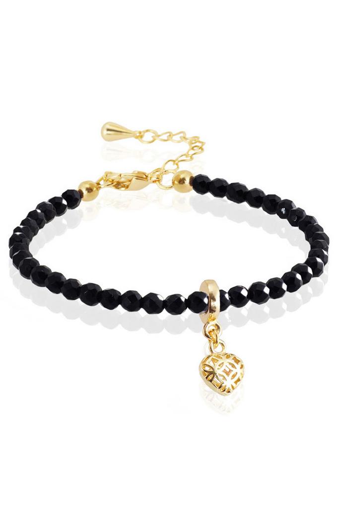 Браслет Miniature Black Love (Gold) из миниатюрного черного агата ювелирной огранки с подвеской "Сердце"