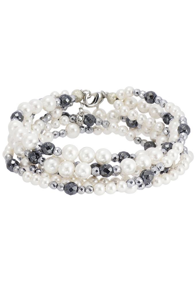 Браслет многослойный Miniature Pearl&Silver из миниатюрного жемчуга-майорки и ограненного гематита