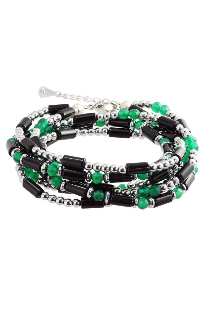 Браслет многослойный Miniature Black&Emerald из миниатюрного черного и изумрудного агата и гематита