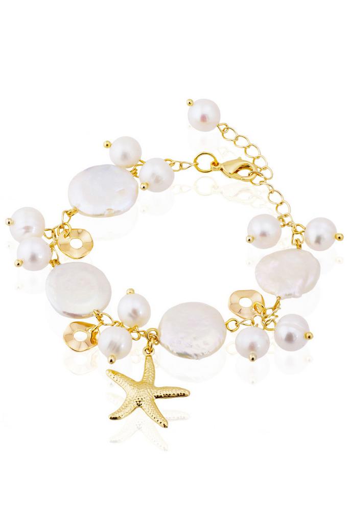 Браслет Maldives из натурального жемчуга с позолоченной подвеской "Морская звезда"