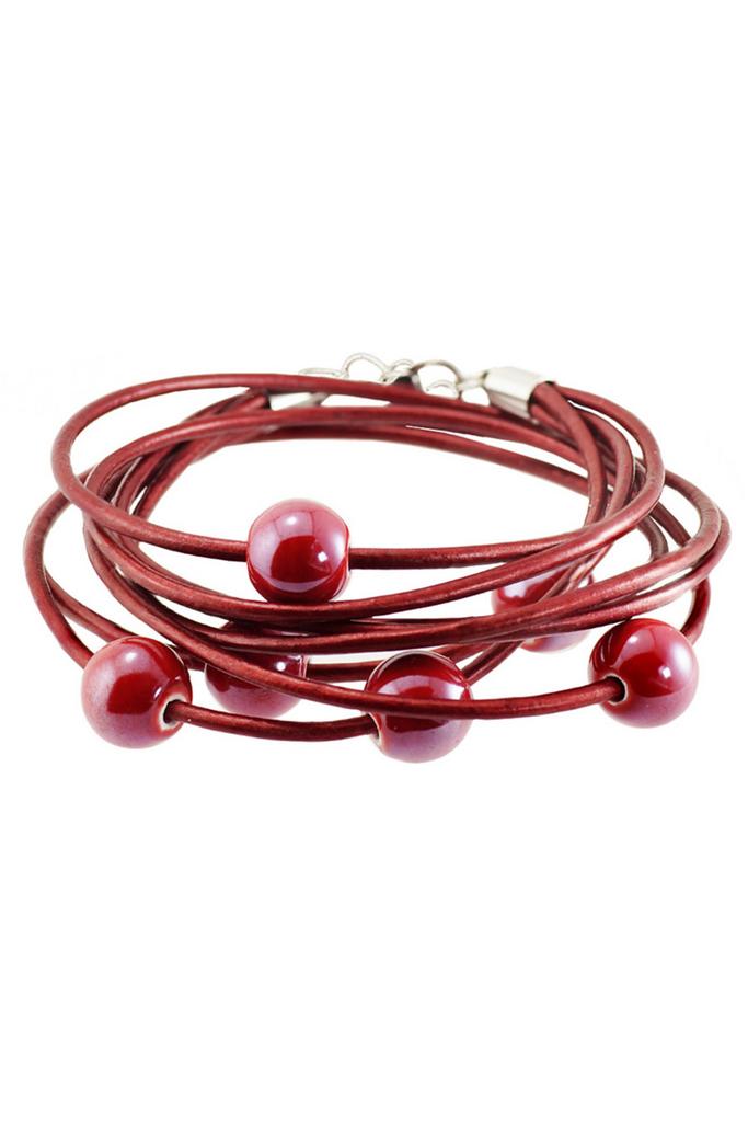Браслет Bubbles Carmine из натуральной кожи с керамическими бусинами