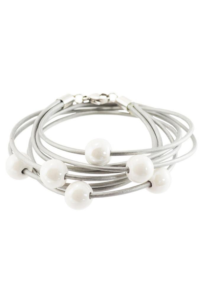 Браслет Bubbles Silver из натуральной кожи с керамическими бусинами