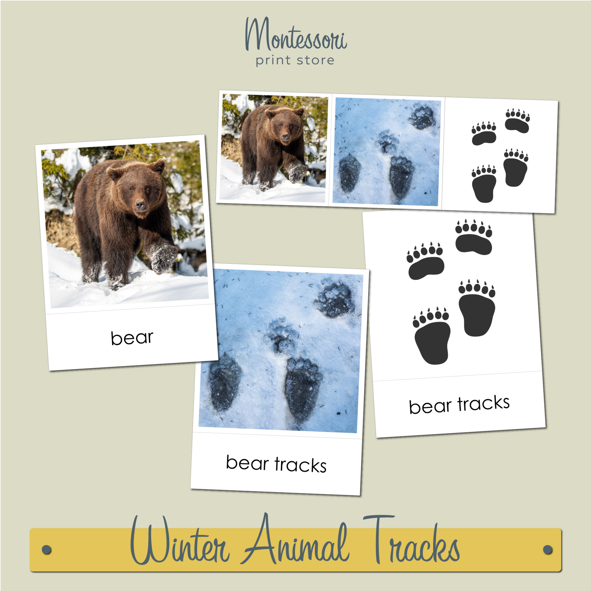 Winter animal tracks - Montessori printable 3-part cards