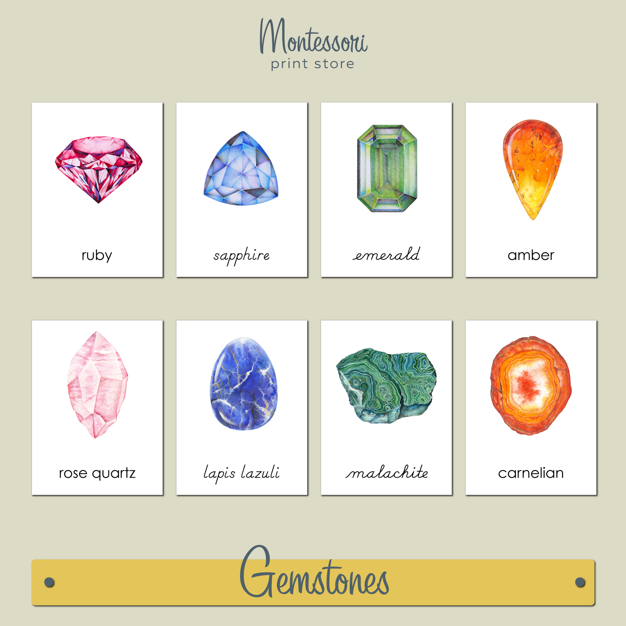 GEMSTONES 3-PART CARDS - MONTESSORI NOMENCLATURE CARDS