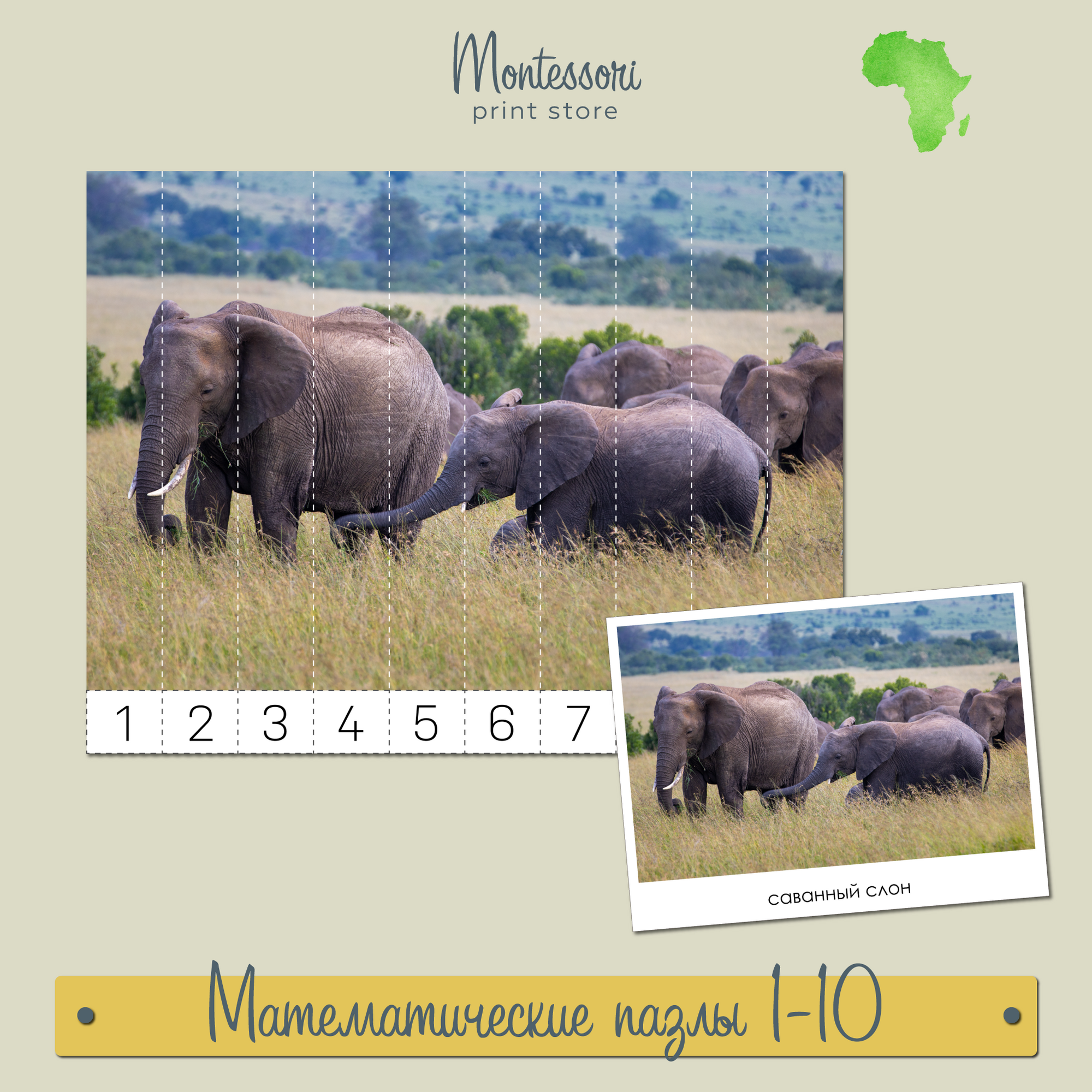 Животные Африки -  Математические пазлы 1-10 купить и скачать