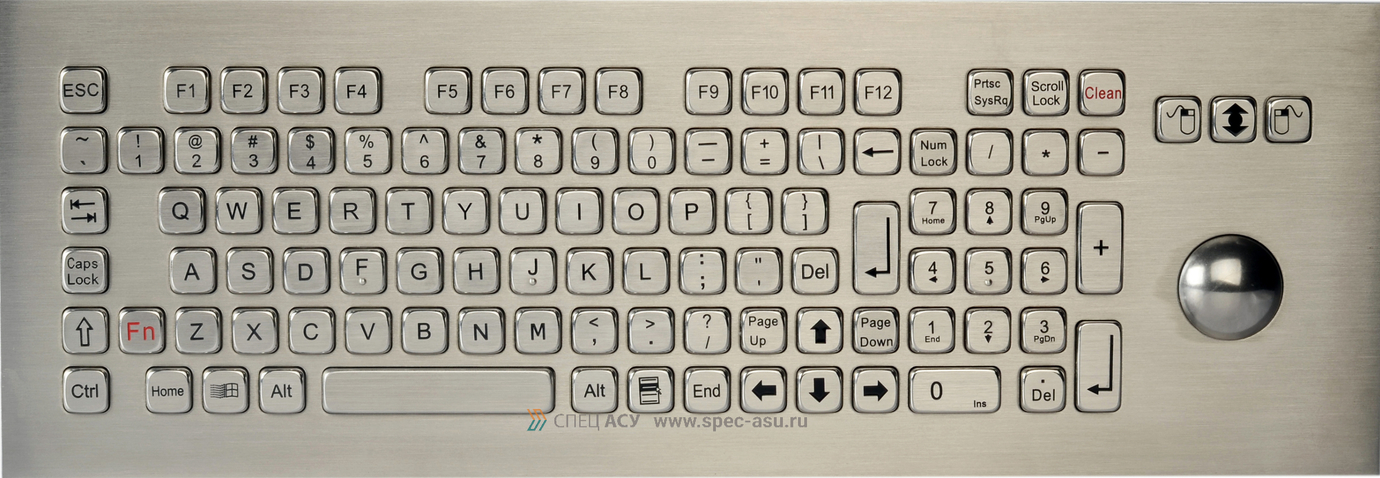 K-TEK-A420-OTB-KP-FN-DWP | 104-клавишная влагозащищенная IP67 антивандальная клавиатура с IP68 динамическим 38,0 мм трекболом из нержавеющей стали разрешением 800 DPI | Вид спереди