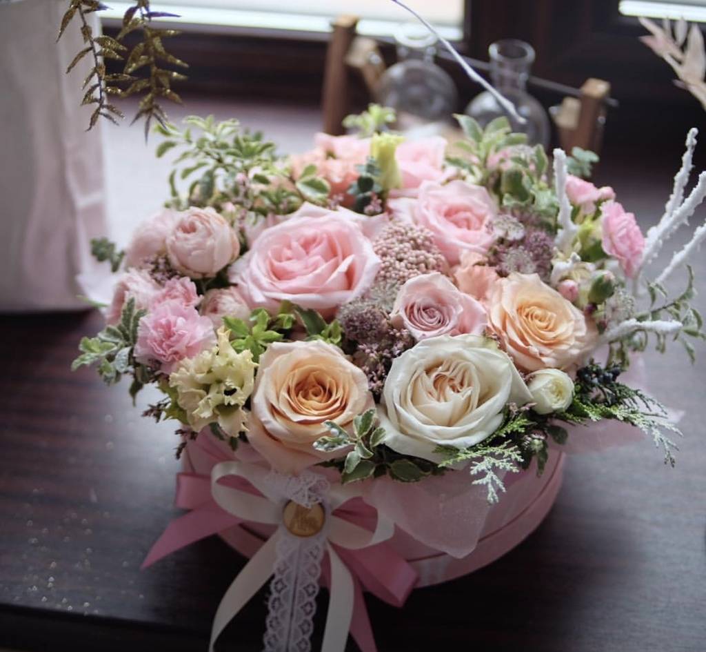 Цветы в шляпной коробке "Про любовь, про тебя"