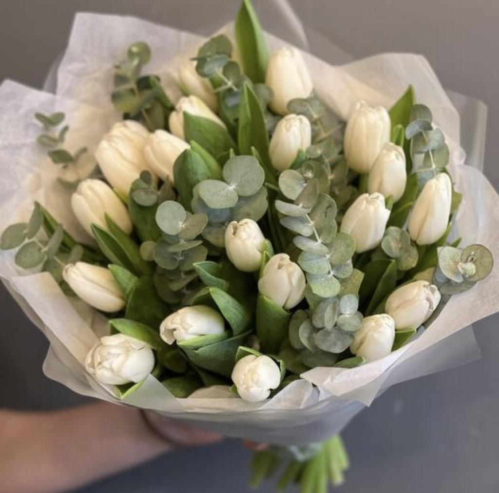 Букет 19 белых тюльпанов с эвкалиптом
