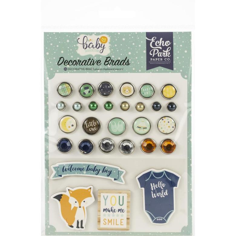 Брадс набор Hello Baby Boy  Echo Park  25 + 4 Chipboard
