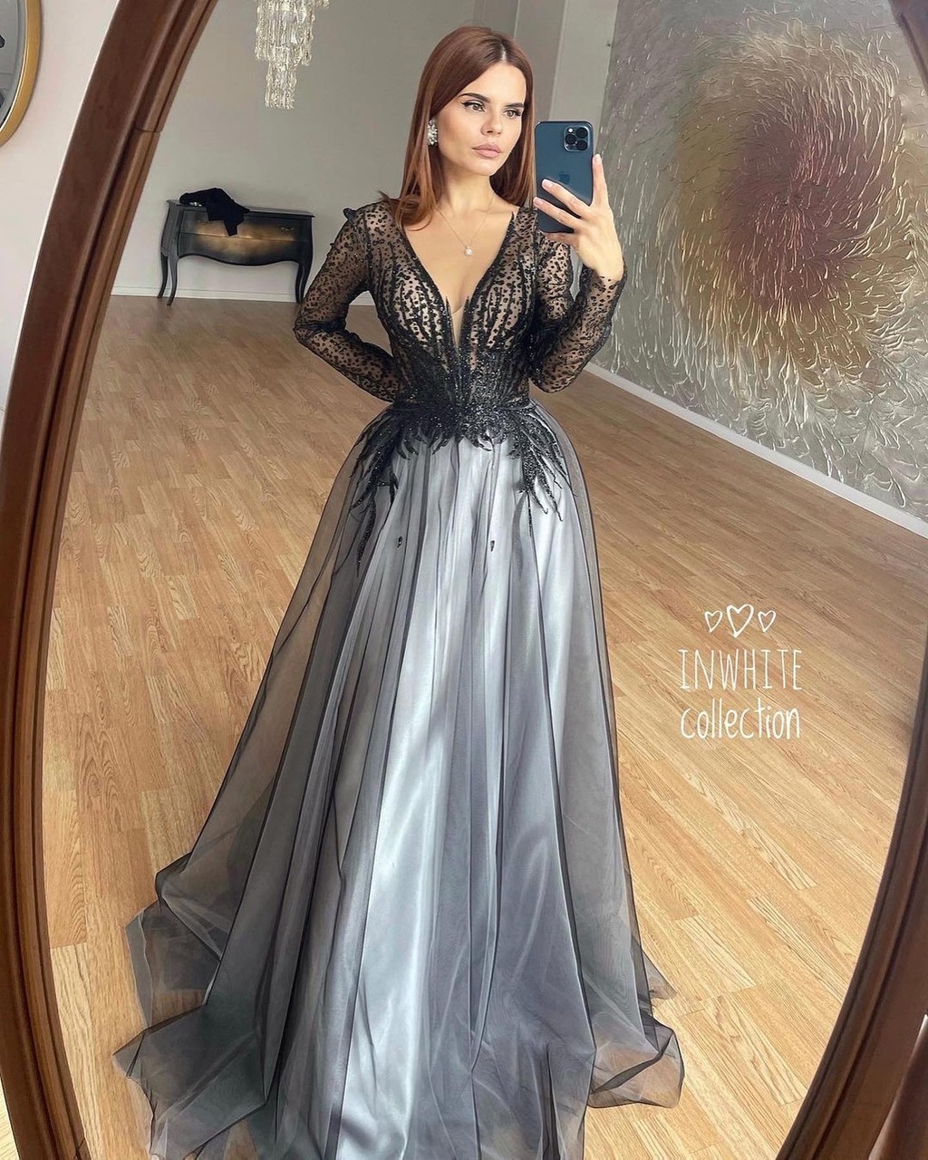 Длинное платье PEARL  с рукавом в фатине черном миксе