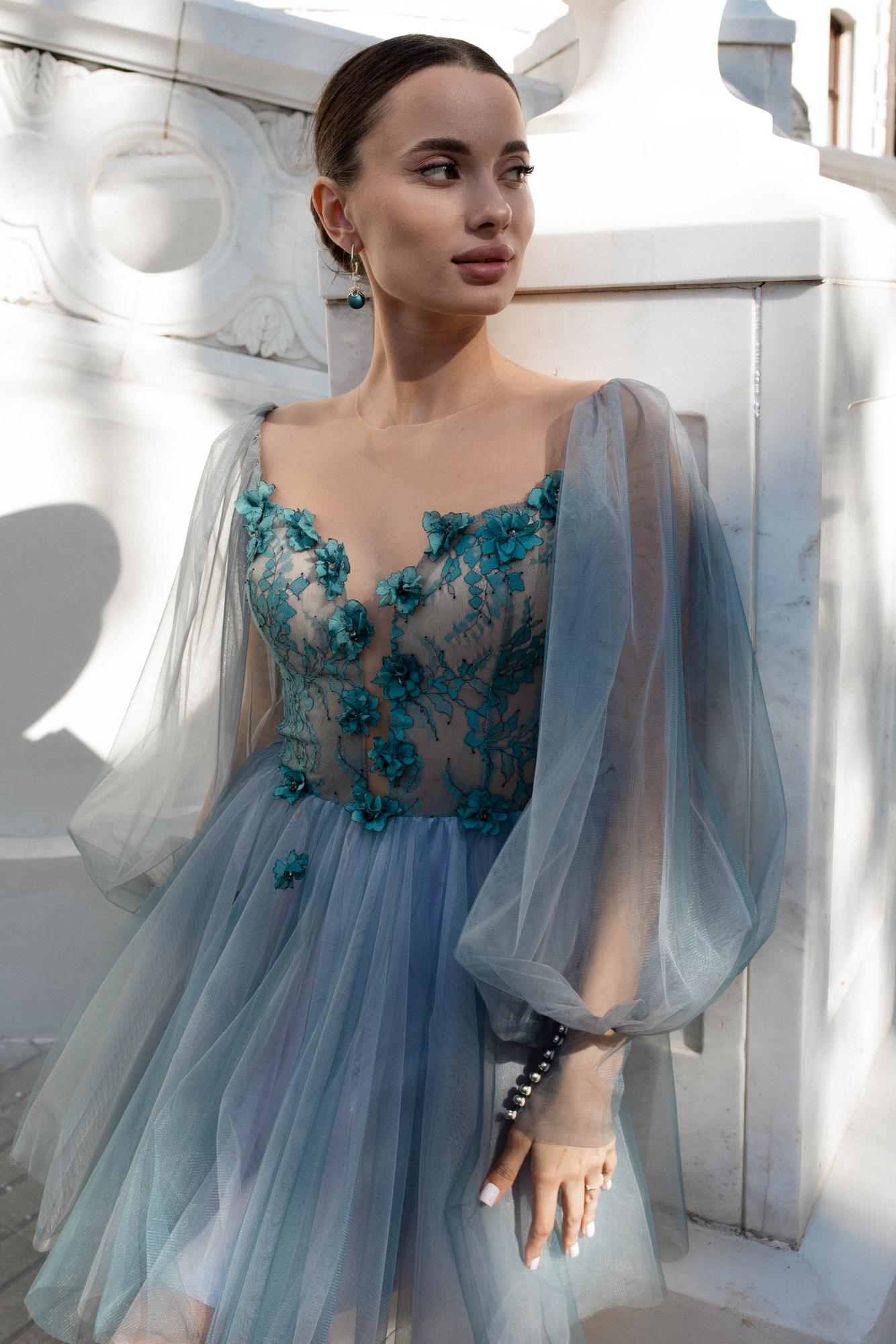 Коктейльное платье BONNIE в фатине короткое серозеленое