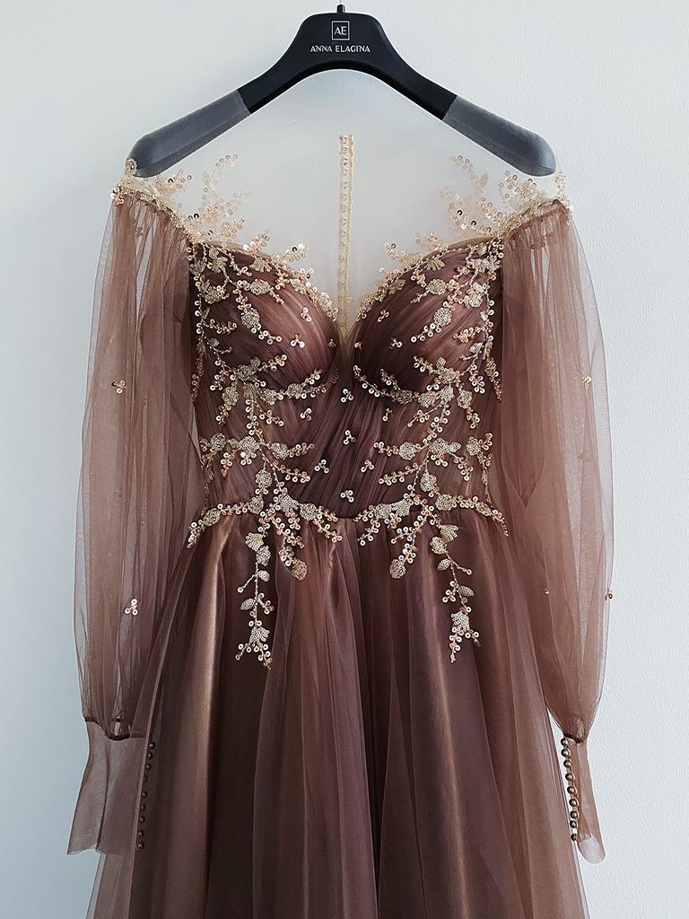 Вечернее платье SAVI  длинное в молочном шоколад