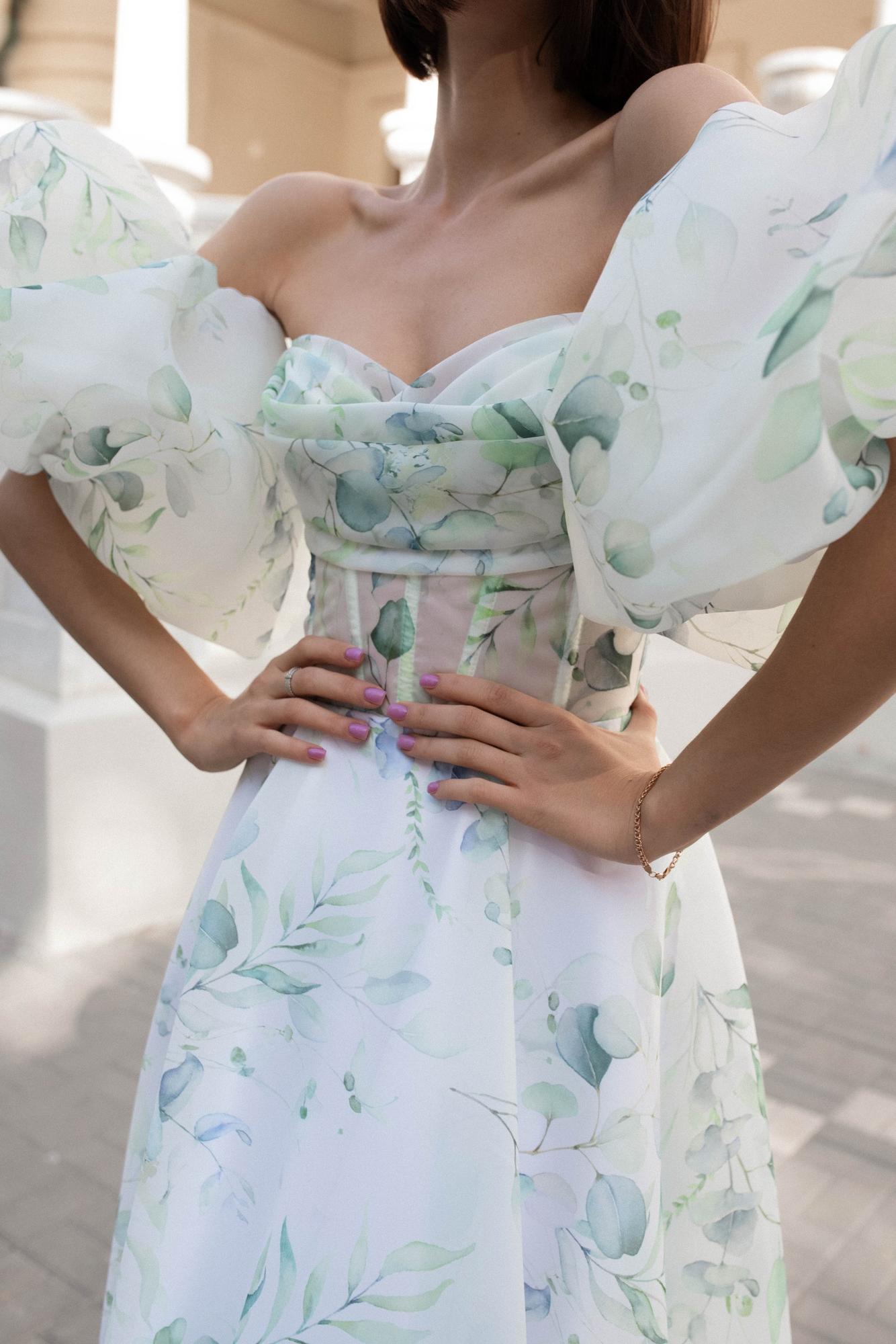 Вечернее платье MIRANA длинное в органзе с принтом "Веточки"