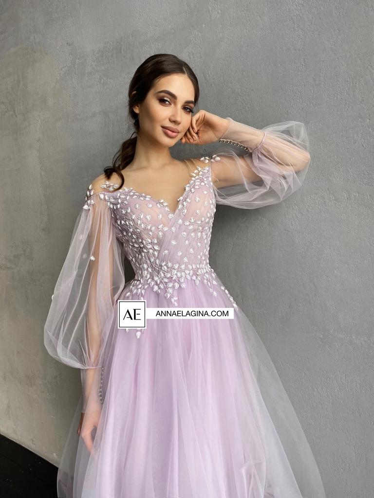 Вечернее платье SAVI  длина MIDI сирень с глиттером