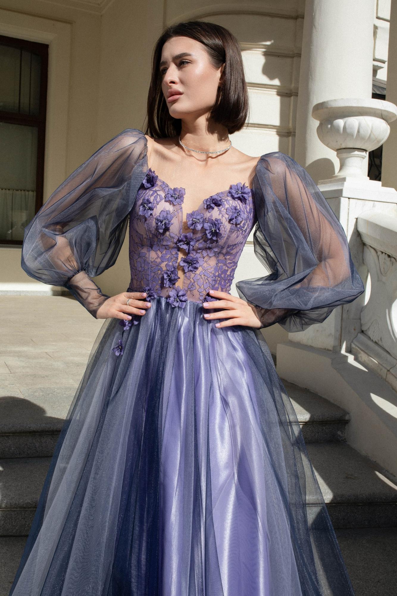 Коктейльное платье BONNIE  в фатине длинное сине-сиреневом