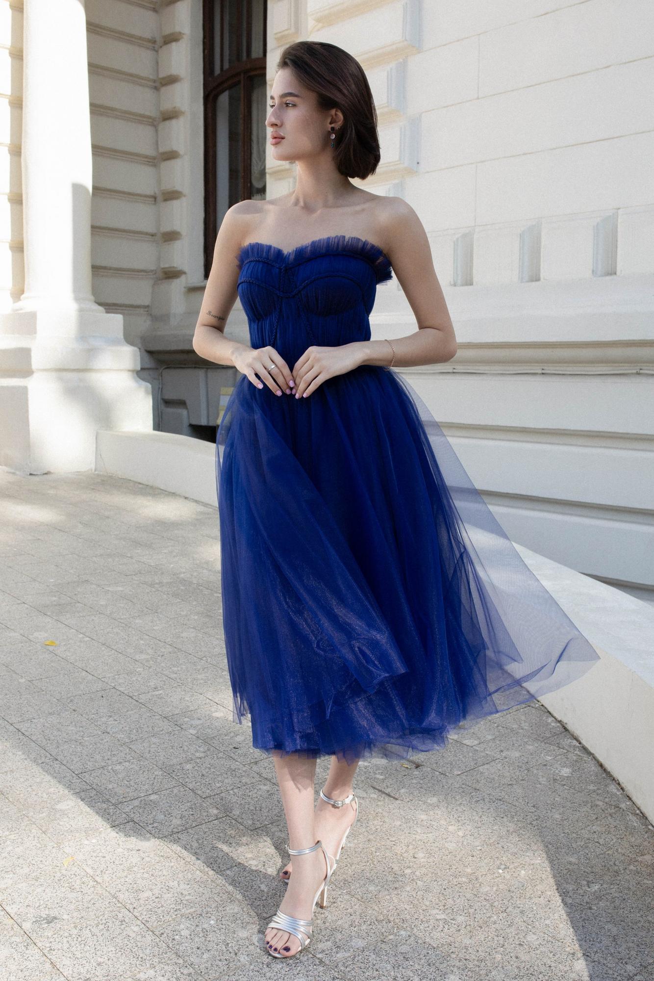 Вечернее платье NAVA  длинное в фатине синий вождь