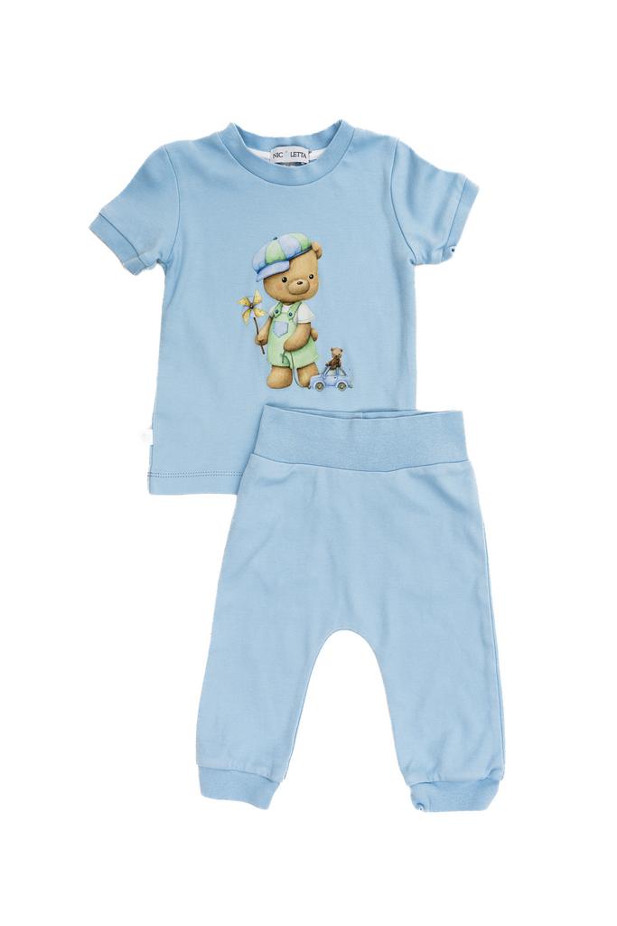 Костюм (футболка и джогеры) «Мишка с машинкой и ветерком», голубой
