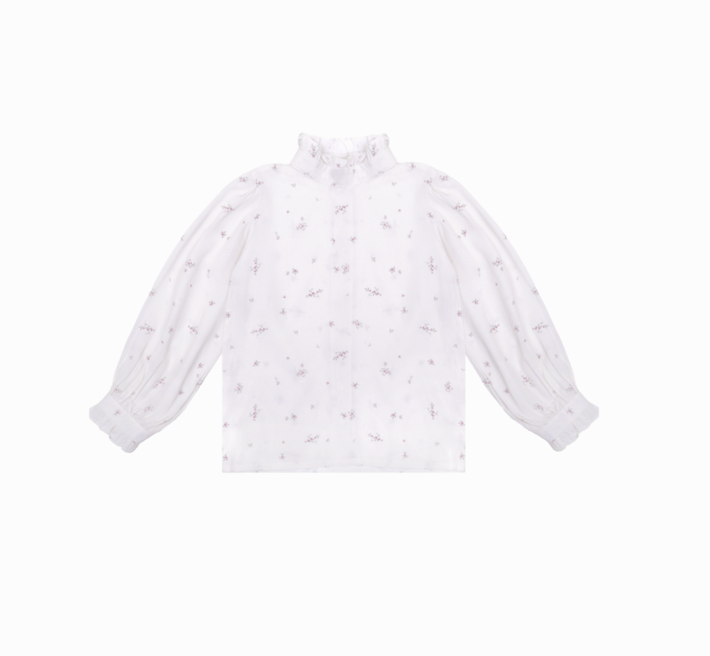 Блузка в бордовый цветочек, воротник-стойка, белая