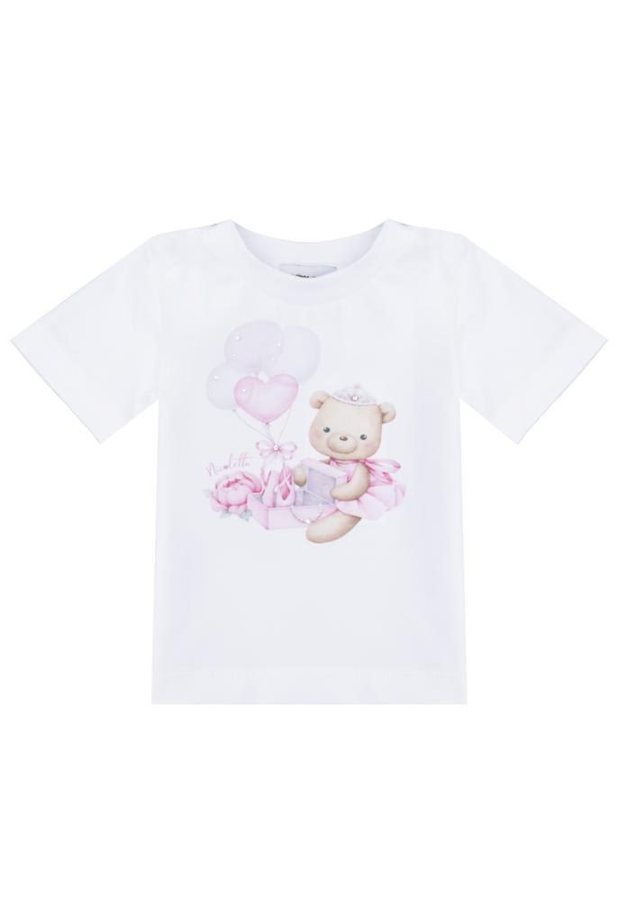 Футболка для девочки «Мишка балерина с шарами», белая