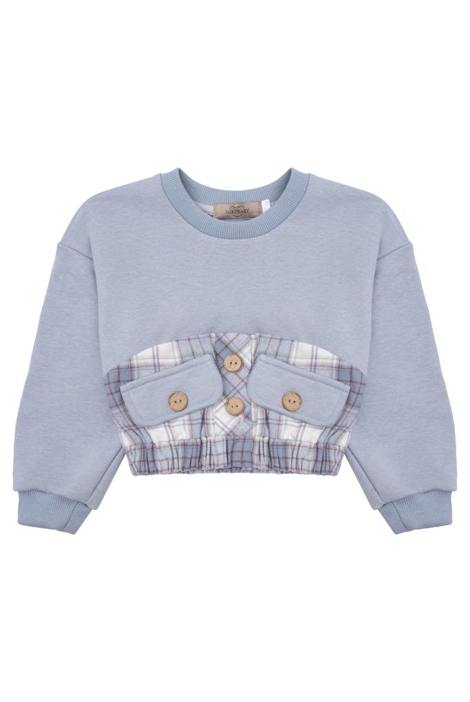 Свитшот с карманами в клетку, голубой