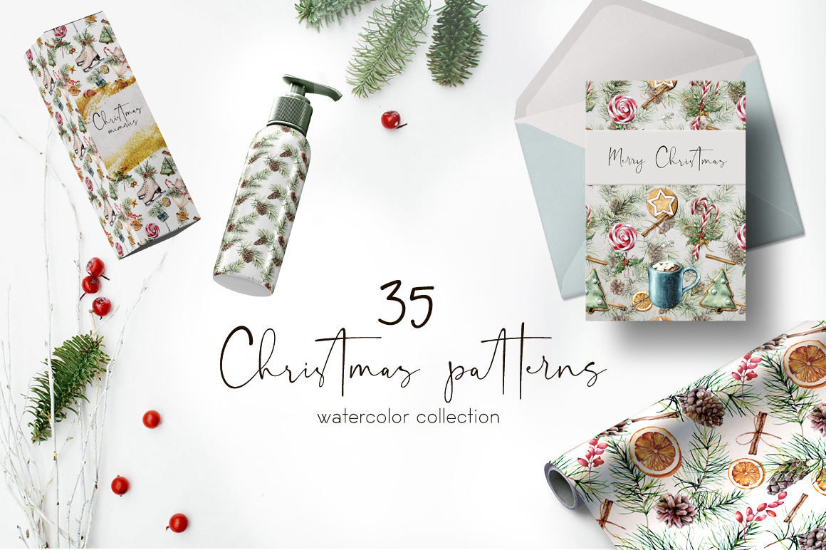 35 elegant Christmas surface pattern design watercolor illustration