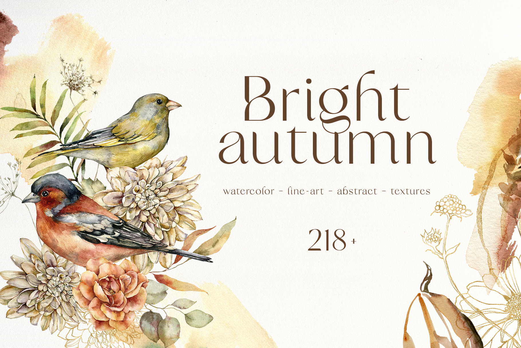 BRIGHT AUTUMN watercolor flowers, pumpkins and birds fall illustrations