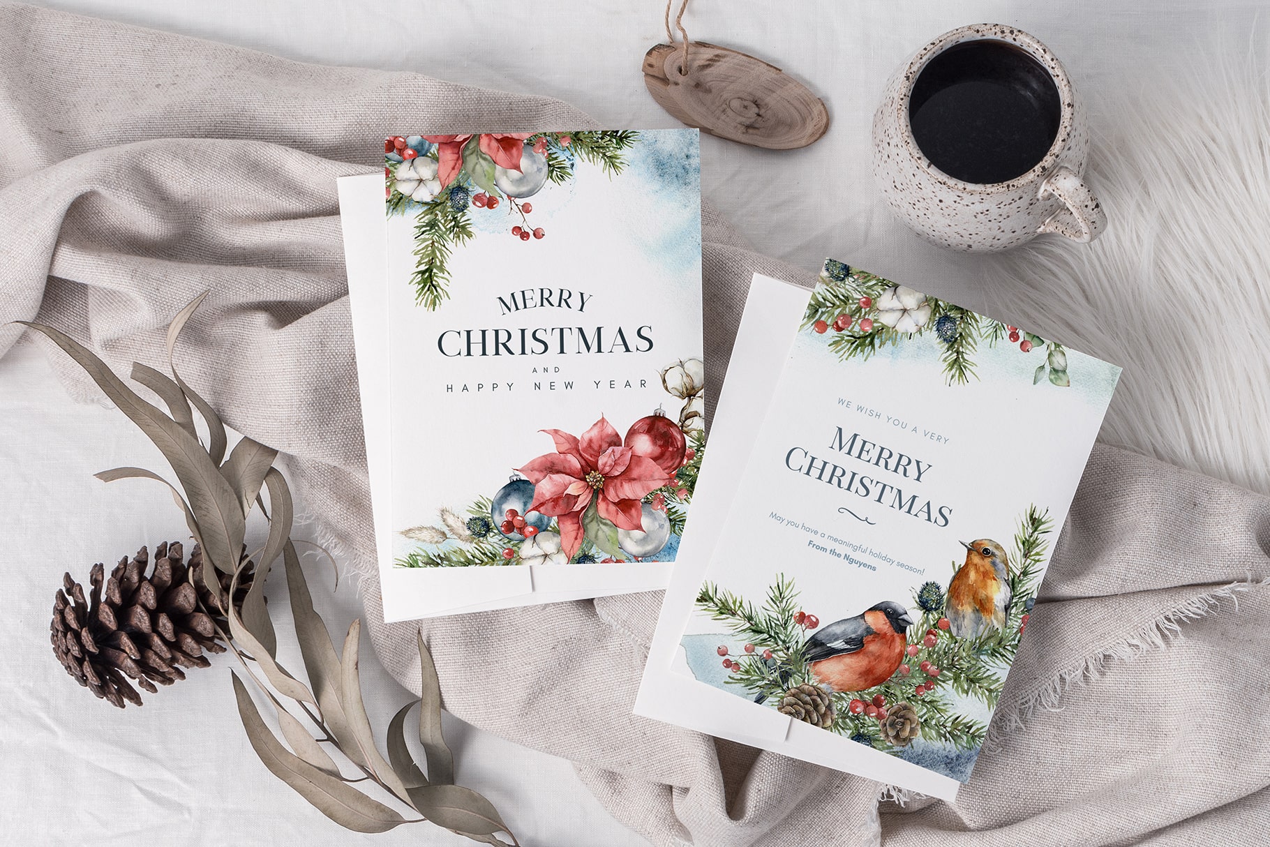 Christmas spirit watercolor floral & animals illustrations for festive design and decor