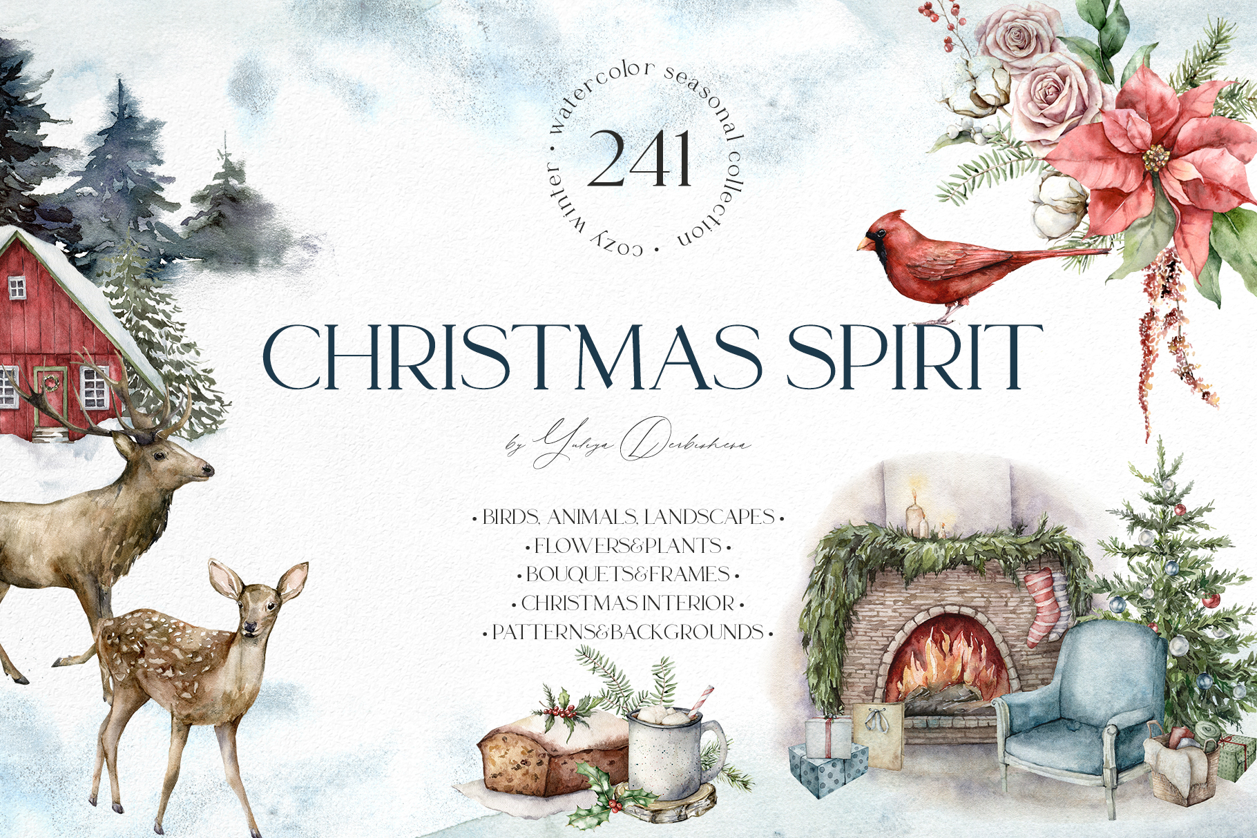 Christmas spirit watercolor floral & animals illustrations for festive design and decor