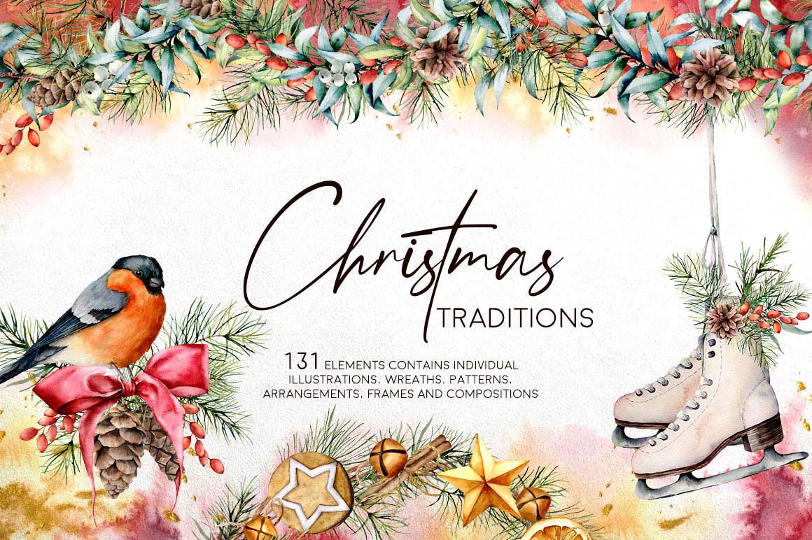 Christmas traditions watercolor festive illustrations and design