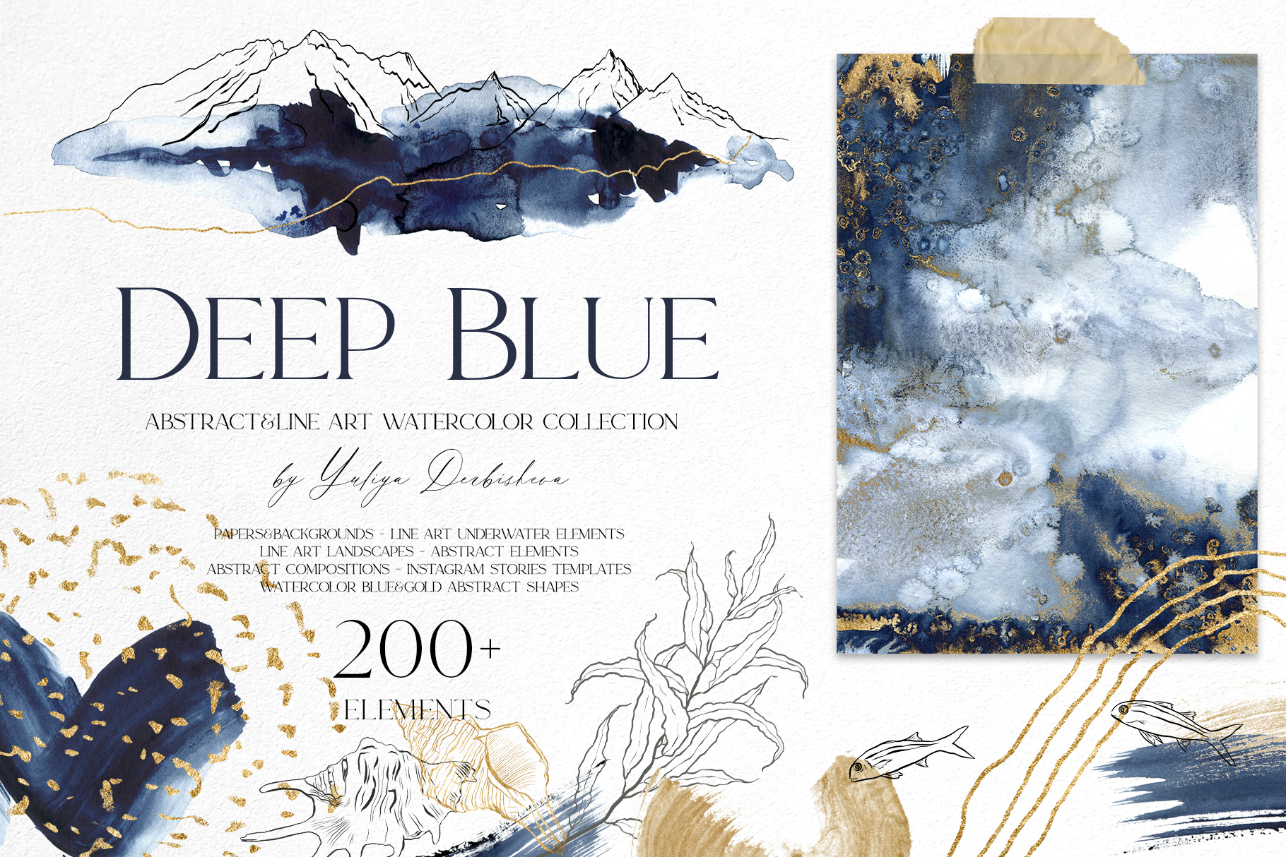 Deep blue watercolor abstract backgrounds + sea animals