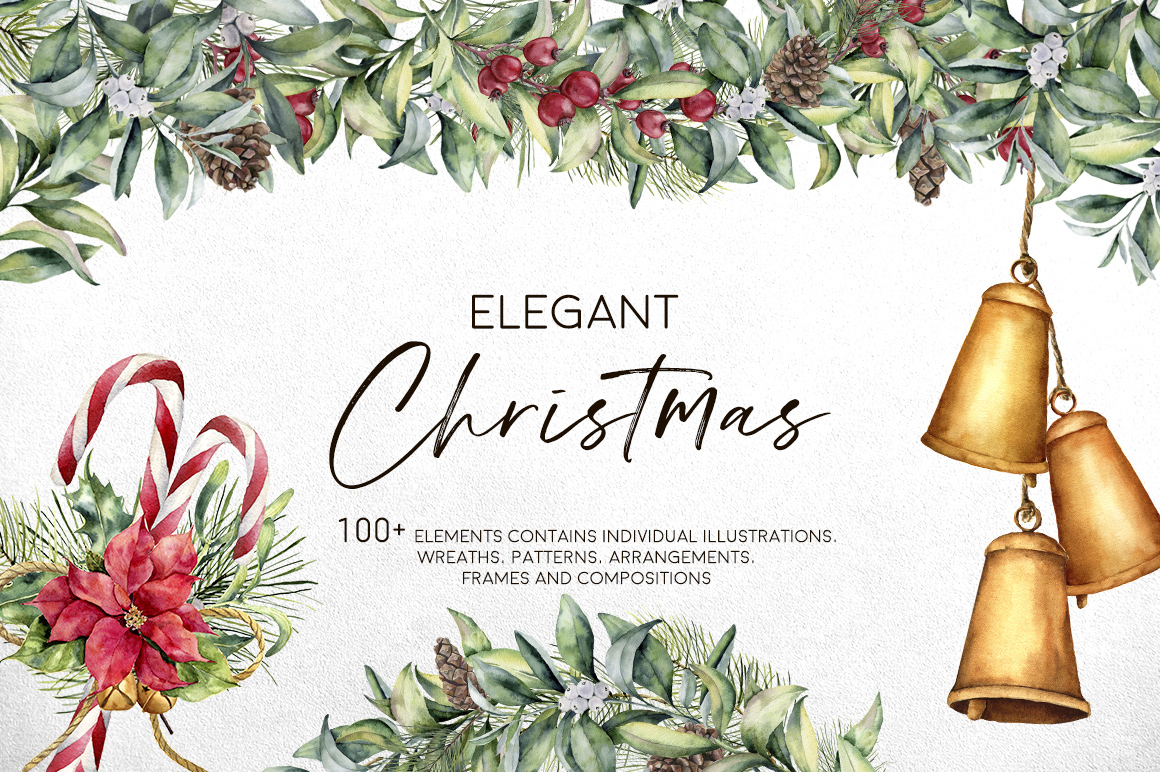 Elegant Christmas watercolor festive illustrations